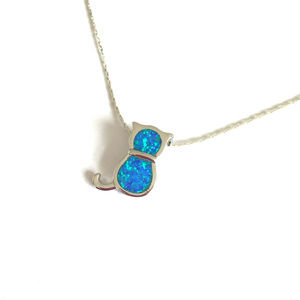 Blue Fire Opal Cat Pendant Necklace in Silver